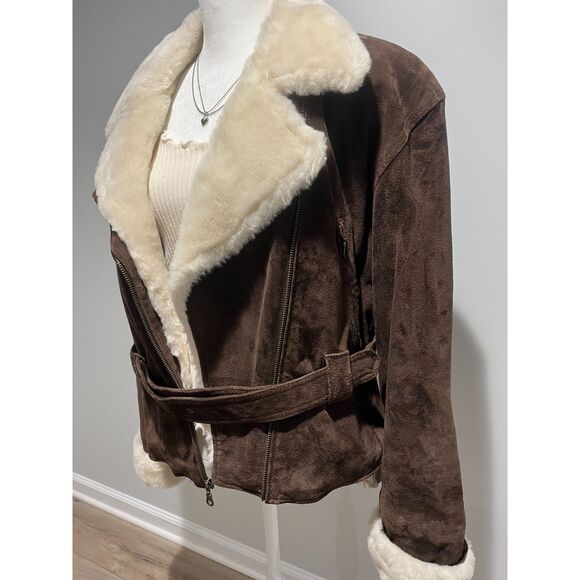 90s Adventure Bound Leather Shearling Sherpa Deep Pile Fur Bomber Jacket Women M - Picture 7 of 9